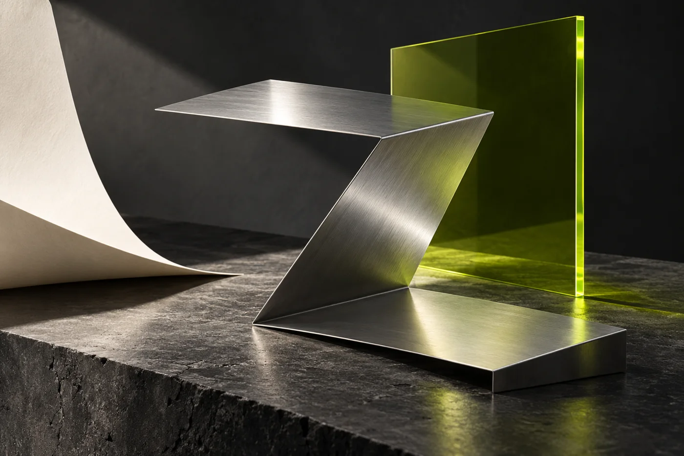 Original sculptural study of brushed metal and translucent lime material